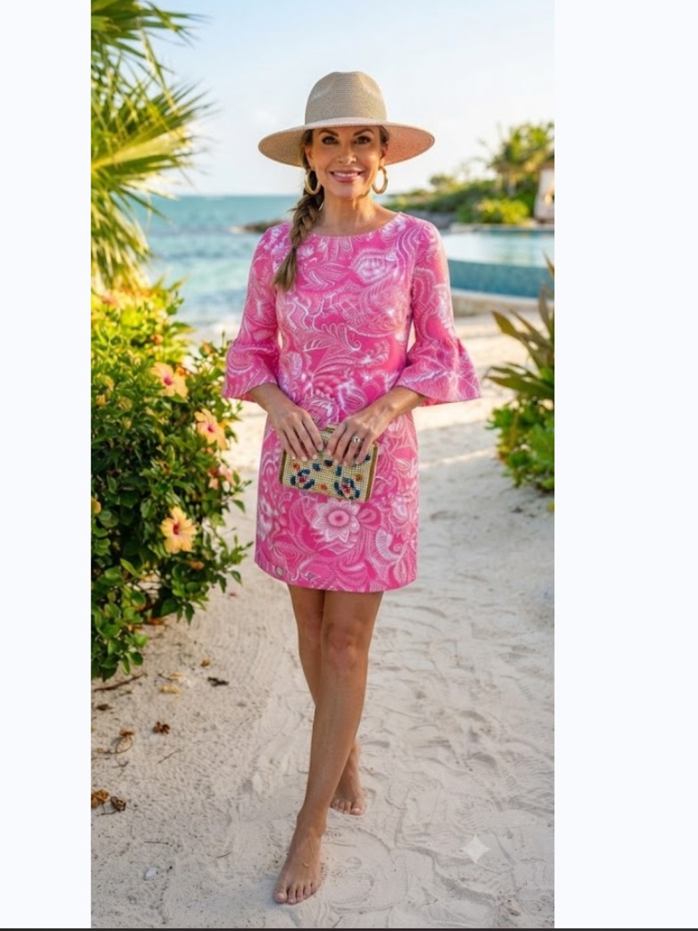 Lilly Pulitzer Carlile Silk Blend Bell Sleeve Shift Dress Pink Floral Paisley 6